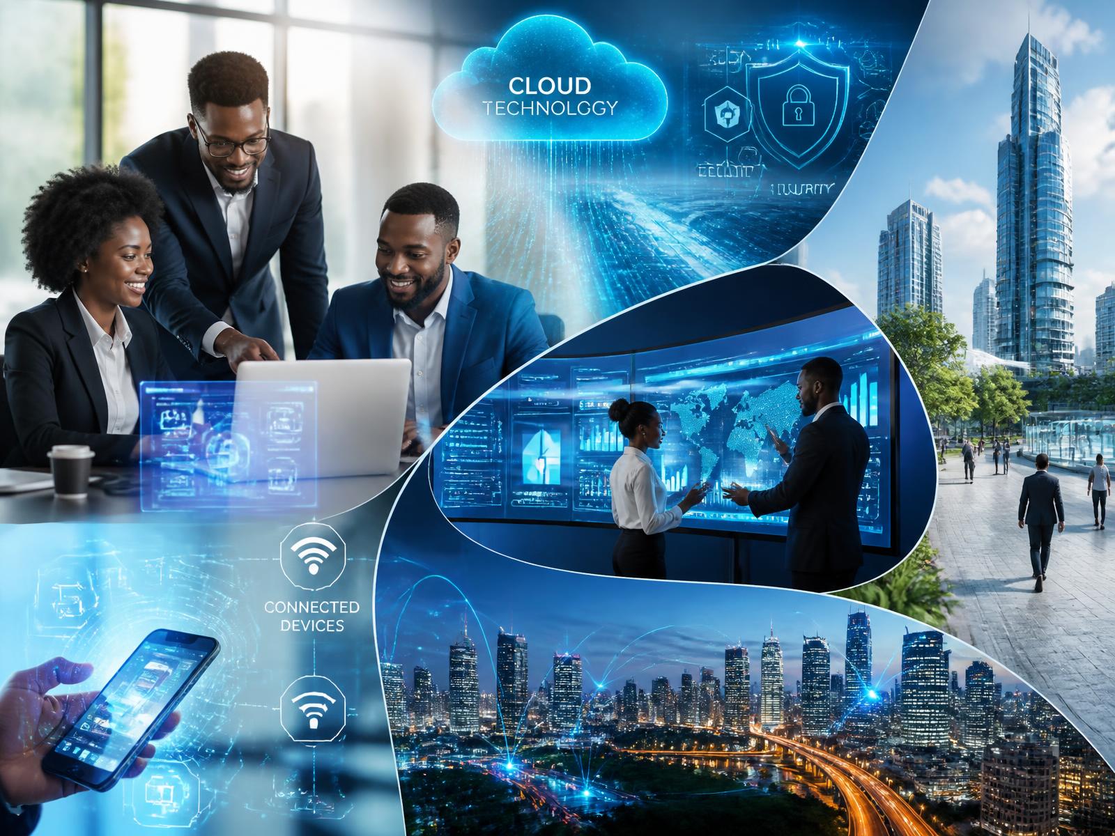 African business professionals collaborating with cloud, security and smart-city technology overlays